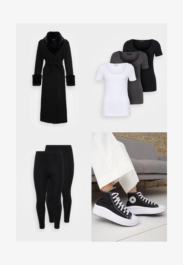 Must mustükk mustaga kunstkarusnahast kaeluse ja mansettidega, vöökoht, pikad varrukad ja sirge äärega. Sile tekstuur, elegantne disain.; Kolm mugavat T-särki valges, hallis ja mustas värvitoonis. Igal särgil on lai madal kaelus ja lühikesed varrukad. Valmistatud siledast, venivast kangast.; Musthave mustread , on vajandus vaade . Kaks paari on esitatud.; Mustad kõrge säärega tossud valgete kummist tallade ja paeltega. Omad ümmargust logomärki ja kontrastset valget õmblust. Materjaliks lõuend.