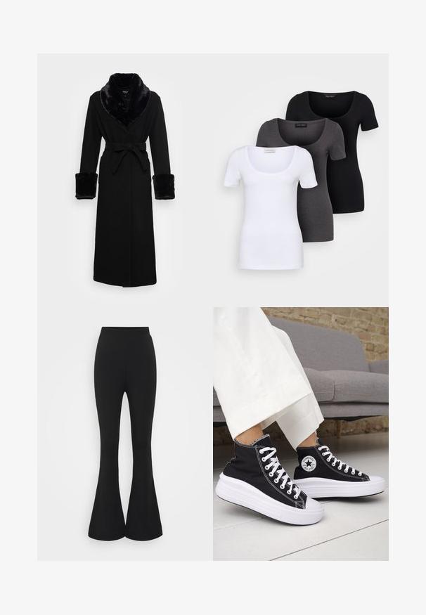 Musta viitta, jossa on tekoturkiskuosi kauluksessa ja hihansuissa, vyöllä varustettu vyötärö, pitkät hihat ja suora helma. Sileä rakenne, tyylikäs muotoilu.; Kolme istuvaa T-paitaa valkoisena, harmaana ja mustana. Jokaisessa on leveä avara pääntie ja lyhyet hihat. Valmistettu sileästä ja joustavasta kankaasta.; Musta leveälahkeinen housu, joka on valmistettu venyvästä kankaasta. Suunnittelussa on korkea vyötärö ja levenevä helma, joka avautuu polven alapuolella.; Mustat korkeavartiset tennarit, joissa valkoiset kumipohjat ja nauhat. Koristettu pyöreällä logotarralla ja valkoisilla kontrastisaumoilla. Materiaali on canvas.