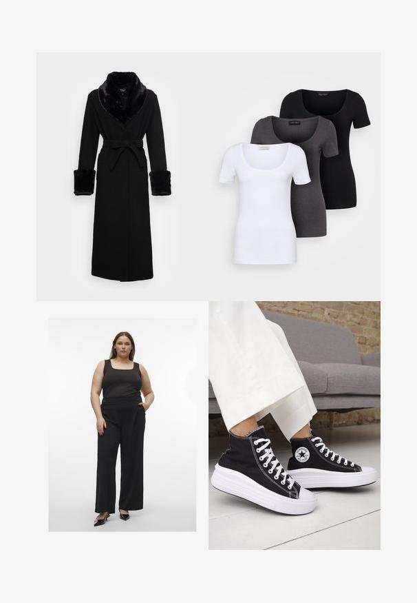 Robe noire avec un col châle en fausse fourrure et des poignets, taille ceinturée, manches longues et ourlet droit. Texture lisse, design élégant.; Trois T-shirts ajustés en blanc, gris et noir. Chacun présente un décolleté large et des manches courtes. Fabriqués en tissu lisse et extensible.; Un débardeur noir associé à un pantalon large noir avec des boutons. La tenue possède une texture lisse et une silhouette moderne et cintrée.; Baskets montantes noires avec semelles et lacets en caoutchouc blanc. Dotées d'un patch logo rond et de surpiqûres blanches contrastantes. Matière en toile.