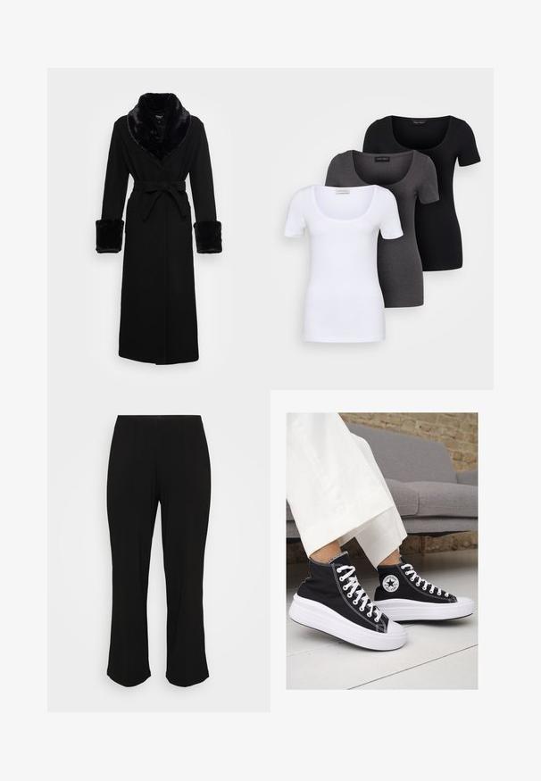 Robe noire avec un col châle en fausse fourrure et des poignets, taille ceinturée, manches longues et ourlet droit. Texture lisse, design élégant.; Trois T-shirts ajustés en blanc, gris et noir. Chacun présente un décolleté large et des manches courtes. Fabriqués en tissu lisse et extensible.; Pantalons noirs évasés avec une finition lisse et des détails de plis subtils, présentés sur un fond blanc uni.; Baskets montantes en toile noire avec semelles et lacets en caoutchouc blanc. Elles présentent un logo circulaire sur le côté et un contraste de coutures blanches.