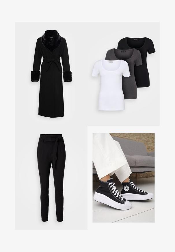 Črna roba z ovratnikom in manšeti iz umetnega krzna, z pasom, dolgimi rokavi in ravnim robom. Gladka tekstura, eleganten dizajn.; Tri prilegla majica v beli, sivi in črni barvi. Vsaka ima širok izrez na vratu in kratke rokave. Narejene so iz gladkega, raztegljivega materiala.; Črne hlače z visokim pasom in zavezanimi detajli pasu. Narejene iz mehke tkanine, z gladko teksturo in zoženim krojem nog.; Črne platnene visoke superge z belimi gumijastimi podplati in vezalkami. Imajo krožni logotip na strani in kontrastno bele šive.