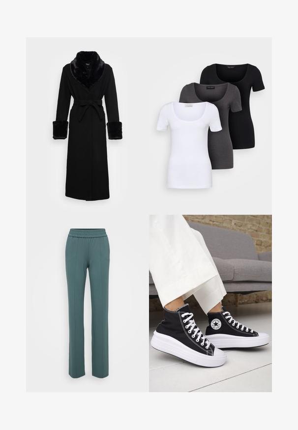 Ropa negra con un chal color de piel sintético y puños, cinturilla ajustada, mangas largas y un dobladillo recto. Textura suave, diseño elegante.; Tres camisetas ajustadas en blanco, gris y negro. Cada una cuenta con un escote amplio y mangas cortas. Están hechas de una tela suave y elástica.; Pantalones de color verde azulado con cintura elástica y diseño de pierna recta, que cuentan con costuras verticales en la parte delantera y una textura de tela suave y lisa.; Zapatillas altas negras con suelas de goma blancas y cordones blancos. Presentan un parche redondo con logo y costuras blancas contrastantes. Material de lona.