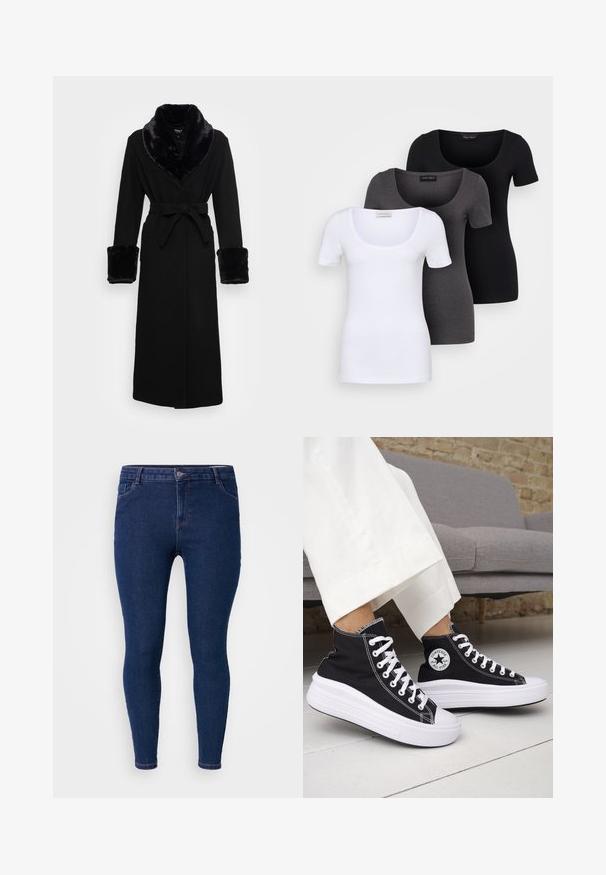 Melnā drēbe ar mākslīgā kažokāda apkakli un aprocēm, ar jostu viduklī, garām piedurknēm un taisnu apakšu. Gluda tekstūra, elegants dizains.; Trīs pieguļoši T-krekli baltā, pelēkā un melnā krāsā. Katram ir plaša izgriezuma kakla un īsas piedurknes. Izgatavoti no gluda, elastīga auduma.; Tumši zili šaurie džinsi, kas izgatavoti no denima, ar klasisku piecu kabatu dizainu, standarta vidukli un slaidu siluetu.; Melnas augstās topa kedas ar baltām gumijas zolēm un auklām. Tās ir ar apaļu logotipa uzšuvumu un kontrastējošām baltām šuvēm. Materiāls no kanvas.