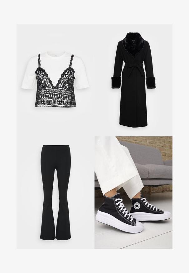 Svart kappe med krage og mansjetter i kunstpels, belte i midjen, lange ermer og rett kant. Glatt tekstur, elegant design.; Hvit kortermet t-skjorte med svart blondebust som har blomster- mønstre, bølgede kanter og justerbare stropper.; Svarte flared bukser laget av elastisk stoff, med høy midje og en glatt tekstur. Buksene vidder ut fra kneet.; Svarte høye sneakers med hvite gummisåler og lisser. Har et rundt logo-merke og kontrasterende hvite sømmer. Laget av lerret.