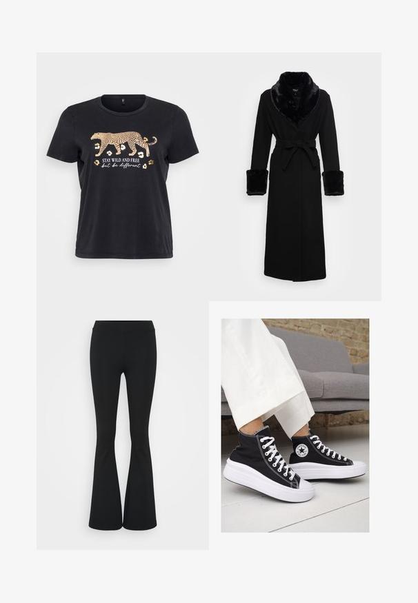 Črna roba z ovratnikom in manšeti iz umetnega krzna, z pasom, dolgimi rokavi in ravnim robom. Gladka tekstura, eleganten dizajn.; Črna bombažna majica s kratkimi rokavi, okroglo ovratnikom in grafiko leoparda v zlatem, pod katero je napis "OSTANI DIVJ IN SVOBODEN, a bodi drugačen".; Črne hlače s širokimi hlačnicami, izdelane iz raztegljive tkanine, z visokim pasom in gladko teksturo. Hlače se širijo od kolena navzdol.; Črne platnene visoke superge z belimi gumijastimi podplati in vezalkami. Imajo krožni logotip na strani in kontrastno bele šive.