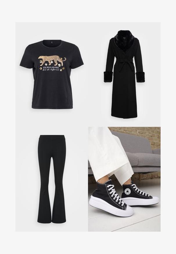 Roupa preta com um colarinho e punhos em pelagem sintética, cintura cingida, mangas longas e barra reta. Textura suave, design elegante.; T-shirt de algodão preto com um gráfico de leopardo em dourado e o texto "MANTENHA-SE SELVAGEM E LIVRE, mas seja diferente" abaixo. Mangas curtas, decote redondo.; Calças pretas de corte alargado feitas de tecido elástico, com uma cintura alta e uma textura suave. As calças alargam-se a partir do joelho.; Ténis pretos de cano alto com solas e atacadores em borracha branca. Apresentam um emblema redondo e costuras contrastantes em branco. Material em lona.