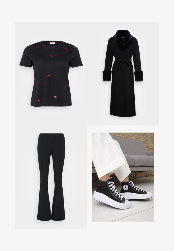 Μαύρη ρόμπα με κολάρο και μανίκια από ψεύτικη γούνα, ζωνάκι στη μέση, μακριά μανίκια και ευθεία ύφανση. Λείο υλικό, κομψός σχεδιασμός.; Μαύρο βαμβακερό T-shirt με κόκκινες κεντητές τριαντάφυλλες και πράσινες λεπτομέρειες, κοντά μανίκια και στρογγυλή λαιμόκοψη. Απαλή υφή με χαλαρή εφαρμογή.; Μαύρο φαρδύ παντελόνι από ελαστικό ύφασμα, με ψηλή μέση και λεία υφή. Το παντελόνι ανοίγει από το γόνατο.; Μαύρα καμβά sneakers με ψηλή φτέρνα, με λευκές καουτσούκ σόλες και κορδόνια. Διαθέτουν κυκλικό λογότυπο στο πλάι και εντυπωσιακή λευκή ραφή.