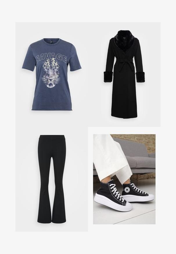 Fekete köpeny műszőrme sálgallérral és mandzsettákkal, övvel meghúzott derékkal, hosszú ujjakkal és egyenes szegéllyel. Sima textúra, elegáns dizájn.; Kék pamut póló leopárd grafikával és "SAVAGE" felirattal. Rövid ujjú, kerek nyakú dizájnnal, lazább szabású.; Fekete harangszárú nadrág, rugalmas anyagból készült, magas derékkal és sima felülettel. A nadrág a térdtől kezdve bővül.; Fekete vászon magas szárú tornacipők fehér gumitalppal és fűzővel. Az oldalon egy kör alakú logó található, és kontrasztos fehér varrásokkal rendelkezik.