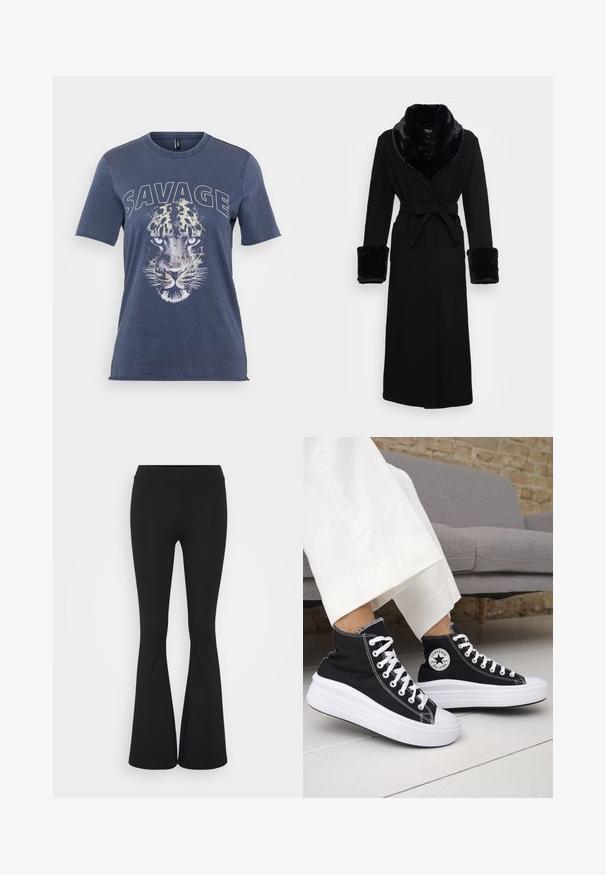 Roupa preta com um colarinho e punhos em pelagem sintética, cintura cingida, mangas longas e barra reta. Textura suave, design elegante.; T-shirt de algodão azul com um gráfico de leopardo e o texto "SAVAGE". Mangas curtas e um design de gola redonda com um ajuste relaxado.; Calças pretas de corte alargado feitas de tecido elástico, com uma cintura alta e uma textura suave. As calças alargam-se a partir do joelho.; Ténis pretos de cano alto com solas e atacadores em borracha branca. Apresentam um emblema redondo e costuras contrastantes em branco. Material em lona.