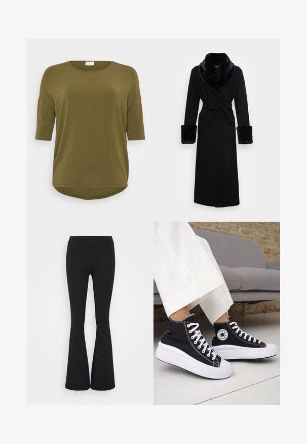 Fekete köpeny műszőrme sálgallérral és mandzsettákkal, övvel meghúzott derékkal, hosszú ujjakkal és egyenes szegéllyel. Sima textúra, elegáns dizájn.; ONLY Carmakoma CARLAMOUR 3/4 - Hosszú ujjú felső - winter moss; Fekete harangszárú nadrág, rugalmas anyagból készült, magas derékkal és sima felülettel. A nadrág a térdtől kezdve bővül.; Fekete magas szárú tornacipők fehér gumitalppal és fűzővel. Kör alakú logófolttal és kontrasztos fehér varrással. Vászon anyagból.