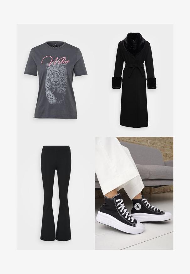 Ropa negra con un chal color de piel sintético y puños, cinturilla ajustada, mangas largas y un dobladillo recto. Textura suave, diseño elegante.; Camiseta de algodón gris con un gráfico de leopardo en blanco y negro, con la palabra "Wild" en cursiva rosa encima del diseño. Mangas cortas.; Pantalones negros de campana hechos de una tela elástica, con una cintura alta y una textura suave. Los pantalones se ensanchan desde la rodilla.; Zapatillas altas negras con suelas de goma blancas y cordones blancos. Presentan un parche redondo con logo y costuras blancas contrastantes. Material de lona.