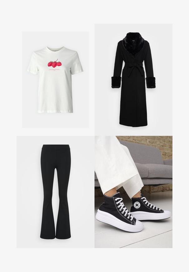 Black robe with a faux fur shawl collar and cuffs, belted waist, long sleeves, and a straight hem. Smooth texture, elegant design.; ONLY ONLKATE TEE - Print T-shirt - cloud dancer; Black flared pants made of stretchy fabric, featuring a high waistband and a smooth texture. The pants flare out from the knee.; Black high-top sneakers with white rubber soles and laces. Features a round logo patch and contrasting white stitching. Canvas material.