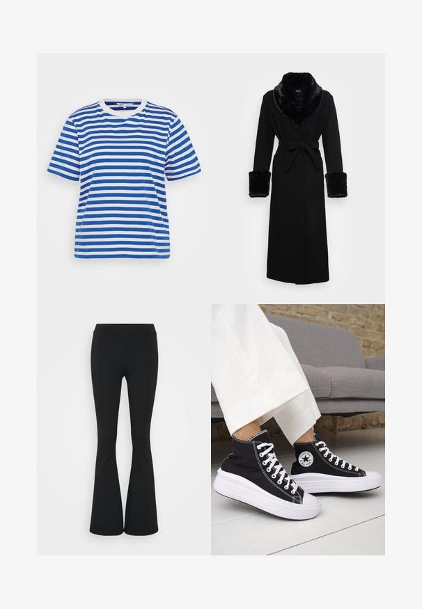Rochie neagră cu guler și manșete din blană sintetică, talie accentuată cu un cordon, mâneci lungi și tiv drept. Textură netedă, design elegant.; Tricou cu dungi albastre și albe, cu mâneci scurte, de tip crew neck și o croială lejeră. Fabricat din material de bumbac cu o textură netedă.; Pantaloni negrii evazați dintr-un material elastic, având un talie înaltă și o textură netedă. Pantalonii se lărgesc de la genunchi.; Adidași negri înalți cu tălpi și șireturi albe din cauciuc. Prezintă o pată logo rotundă și cusături albe contrastante. Material din pânză.