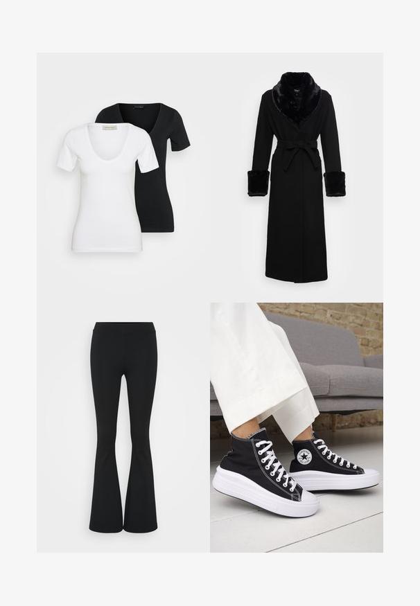 Juoda mantija su dirbtinės odos šalikėlėmis ir rankogaliais, diržo juosmeniu, ilgomis rankovėmis ir tiesiu našiu. Sklandi tekstūra, elegantiškas dizainas.; Du dužo prigludę trumpomis rankovėmis V formos iškirpės marškiniai, vienas baltas priekyje ir vienas juodas gale, eksponuojami ant paprasto šviesaus fono.; Juodai platėjantys kelnių, pagamintų iš tamprių medžiagų, kurie turi aukštą juosmenį ir lygią tekstūrą. Kelnės platėja nuo kelio.; Juodi aukštakulniai sportbačiai su baltais guminiu padu ir raišteliais. Ant jų yra apvalus logotipo lopas ir kontrastingos baltos siūlės. Pagaminti iš drobės medžiagos.