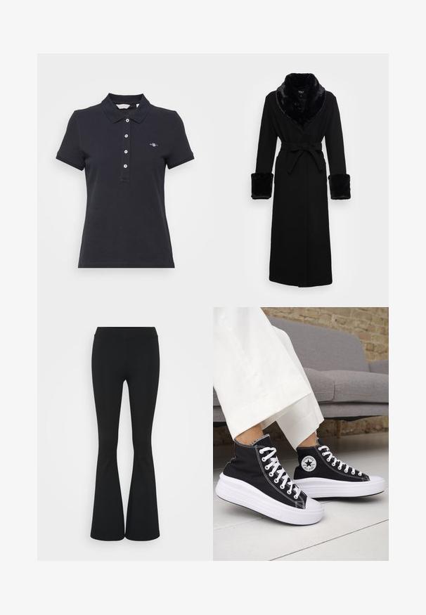 Musta viitta, jossa on tekoturkiskuosi kauluksessa ja hihansuissa, vyöllä varustettu vyötärö, pitkät hihat ja suora helma. Sileä rakenne, tyylikäs muotoilu.; Tummansininen polo-paita lyhyillä hihoilla, kolmella napilla varustettu nappilista ja pieni logo vasemmassa rinnassa. Valmistettu puuvillasta, jossa on sileä rakenne.; Mustat leveät housut, jotka on valmistettu joustavasta kankaasta, ja joissa on korkea vyötärö sekä sileä pinta. Housut levenevät polven kohdalla.; Mustat korkeavartiset tennarit, joissa valkoiset kumipohjat ja nauhat. Koristettu pyöreällä logotarralla ja valkoisilla kontrastisaumoilla. Materiaali on canvas.