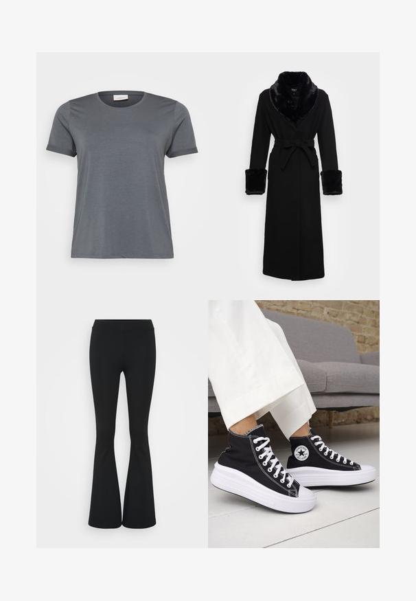 Fekete köpeny műszőrme sálgallérral és mandzsettákkal, övvel meghúzott derékkal, hosszú ujjakkal és egyenes szegéllyel. Sima textúra, elegáns dizájn.; Szürke, rövid ujjú póló, puha anyagból készült, klasszikus kerek nyakkivágással és felgöngyölt ujjal. Simább textúra, látható minták nélkül.; Fekete harangszárú nadrág, rugalmas anyagból készült, magas derékkal és sima felülettel. A nadrág a térdtől kezdve bővül.; Fekete magas szárú tornacipők fehér gumitalppal és fűzővel. Kör alakú logófolttal és kontrasztos fehér varrással. Vászon anyagból.