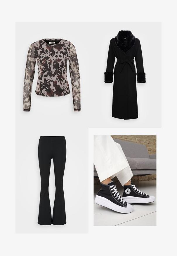 Must mustükk mustaga kunstkarusnahast kaeluse ja mansettidega, vöökoht, pikad varrukad ja sirge äärega. Sile tekstuur, elegantne disain.; Kerge pikkade varrukatega topp, millel on abstraktne hall ja must loomade muster, burgundia tooni aktsentidega ning ümar kaelus. Pehme, kerge kude.; Mustad flared püksid venivast kangast, kõrge vöökoht ja sile tekstuur. Püksid laienevad põlve kohalt.; Mustad musträgiga kõrge vars sneakerid valgete kummist tallade ja paeltega. Küljel on ringikujuline logo ja kontrastne valge õmblus.