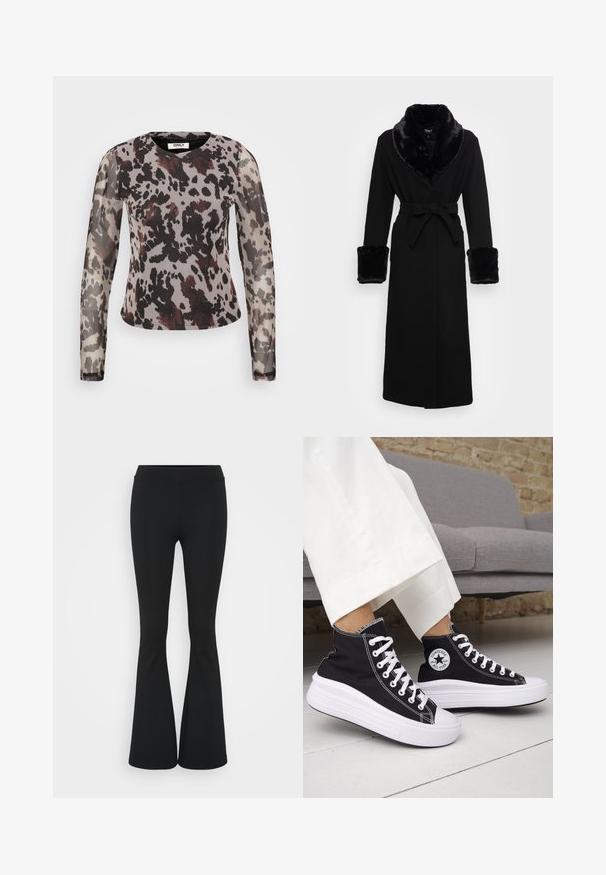 Zwarte robe met een nep bont sjaalkraag en manchetten, ceintuur in de taille, lange mouwen en een rechte zoom. Soepele textuur, elegante uitstraling.; Transparante top met lange mouwen, versierd met een abstract grijs en zwart dierenpatroon, met bordeauxrode accenten en een ronde halslijn. Zacht, lichtgewicht materiaal.; Zwarte uitlopende broek van rekbaar materiaal, met een hoge tailleband en een gladde textuur. De broek loopt uit vanaf de knie.; Zwarte hoge sneakers met witte rubberen zolen en veters. Voorzien van een ronde logo patch en contrasterende witte stiksels. Gemaakt van canvas.