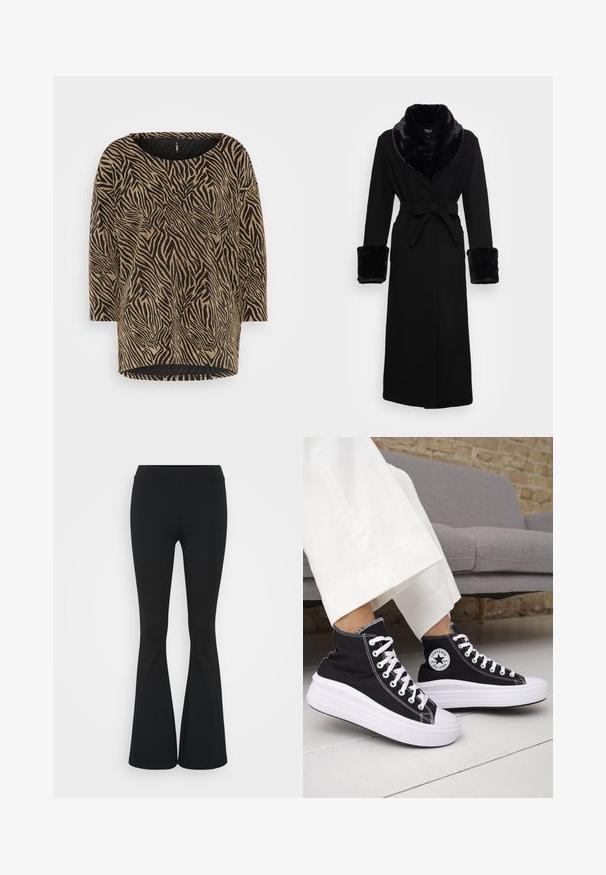 Čierny plášť s golierom a manžetami z imitácie kože, opaskom v páse, dlhými rukávmi a rovný spodným lemom. Hladká textúra, elegantný dizajn.; Tričko s potlačou zebry, okrúhlym výstrihom, čierno-zlatou farebnou kombináciou, dlhými rukávmi a uvoľneným strihom, vyrobené z jemnej, štruktúrovanej tkaniny.; Čierne rozšírené nohavice vyrobené z elastického materiálu, s vysokým pásom a hladkou textúrou. Nohavice sa rozširujú od kolena.; Čierne vysoké tenisky s bielymi gumovými podrážkami a šnúrkami. Obsahujú okrúhlu nášivku s logom a kontrastné biele prešívanie. Materiál je plátený.