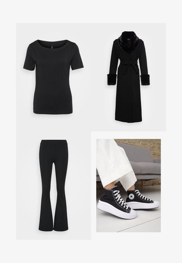 Roupa preta com um colarinho e punhos em pelagem sintética, cintura cingida, mangas longas e barra reta. Textura suave, design elegante.; T-shirt preto de mangas curtas com um decote largo e arredondado; feito de um tecido leve e suave com uma silhueta ajustada. Design sem costuras.; Calças pretas de corte alargado feitas de tecido elástico, com uma cintura alta e uma textura suave. As calças alargam-se a partir do joelho.; Ténis de cano alto em lona preta com solas e atacadores brancos. Apresenta um logo circular na lateral e costura branca em contraste.