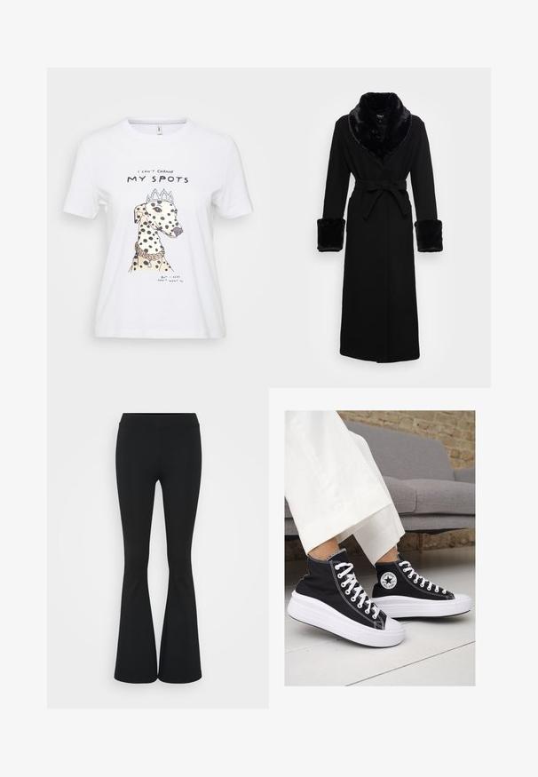 Roupa preta com um colarinho e punhos em pelagem sintética, cintura cingida, mangas longas e barra reta. Textura suave, design elegante.; Camiseta branca de algodão com a ilustração de um cão com manchas pretas, usando uma coroa e um colar. O texto diz: "Não consigo mudar as minhas manchas."; Calças pretas de corte alargado feitas de tecido elástico, com uma cintura alta e uma textura suave. As calças alargam-se a partir do joelho.; Ténis de cano alto em lona preta com solas e atacadores brancos. Apresenta um logo circular na lateral e costura branca em contraste.