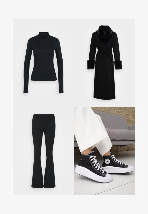 Musta viitta, jossa on tekoturkiskuosi kauluksessa ja hihansuissa, vyöllä varustettu vyötärö, pitkät hihat ja suora helma. Sileä rakenne, tyylikäs muotoilu.; Musta pitkähihaisen ribbitekstuurin turtleneck-paita, jossa on istuva leikkaus, vaalean yksinkertaisen taustan päällä.; Mustat leveät housut, jotka on valmistettu joustavasta kankaasta, ja joissa on korkea vyötärö sekä sileä pinta. Housut levenevät polven kohdalla.; Mustat korkeavartiset tennarit, joissa valkoiset kumipohjat ja nauhat. Koristettu pyöreällä logotarralla ja valkoisilla kontrastisaumoilla. Materiaali on canvas.