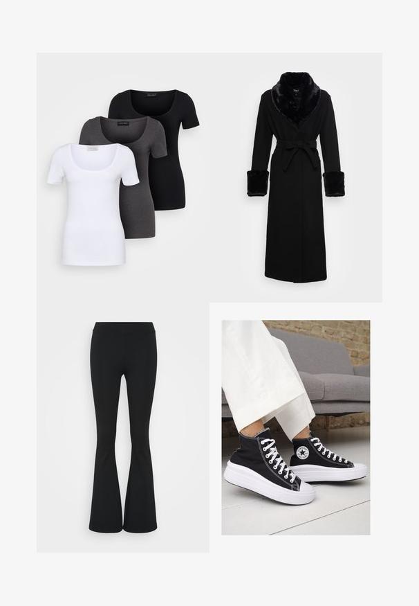 Čierny plášť s golierom a manžetami z imitácie kože, opaskom v páse, dlhými rukávmi a rovný spodným lemom. Hladká textúra, elegantný dizajn.; Tričko v bielej, šedej a čiernej farbe s priliehavým strihom. Každé má široký výstrih a krátke rukávy. Vyrobené z hladkej, elastickej tkaniny.; Čierne rozšírené nohavice vyrobené z elastického materiálu, s vysokým pásom a hladkou textúrou. Nohavice sa rozširujú od kolena.; Čierne plátkové tenisky s vysokým strihom a bielymi gumovými podrážkami a šnúrkami. Majú okrúhly logotyp na boku a kontrastné biele stehy.