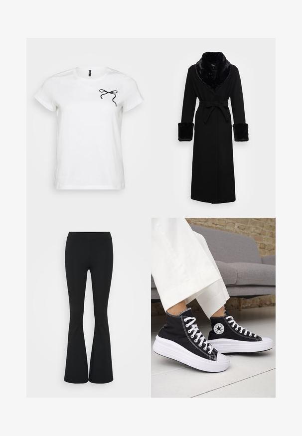 Roupa preta com um colarinho e punhos em pelagem sintética, cintura cingida, mangas longas e barra reta. Textura suave, design elegante.; T-shirt branca de manga curta com um design de laço preto na área esquerda do peito, sobre um fundo liso.; Calças pretas de corte alargado feitas de tecido elástico, com uma cintura alta e uma textura suave. As calças alargam-se a partir do joelho.; Ténis pretos de cano alto com solas e atacadores em borracha branca. Apresentam um emblema redondo e costuras contrastantes em branco. Material em lona.