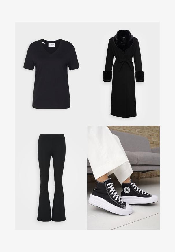 Zwarte robe met een nep bont sjaalkraag en manchetten, ceintuur in de taille, lange mouwen en een rechte zoom. Soepele textuur, elegante uitstraling.; Zwarte katoenen t-shirt met een v-hals, korte mouwen en een ontspannen pasvorm. Soepele textuur en een schone zoom zonder versieringen.; Zwarte uitlopende broek van rekbaar materiaal, met een hoge tailleband en een gladde textuur. De broek loopt uit vanaf de knie.; Zwarte hoge sneakers met witte rubberen zolen en veters. Voorzien van een ronde logo patch en contrasterende witte stiksels. Gemaakt van canvas.