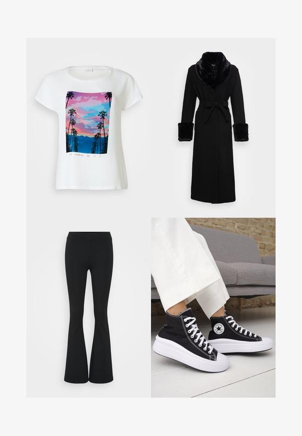 Svart kappe med krage og mansjetter i kunstpels, belte i midjen, lange ermer og rett kant. Glatt tekstur, elegant design.; Hvit t-skjorte med korte ermer som har et fargerikt grafisk motiv av palmer mot en solnedgang med fjell, samt tekst nederst.; Svarte flared bukser laget av elastisk stoff, med høy midje og en glatt tekstur. Buksene vidder ut fra kneet.; Svarte høye sneakers med hvite gummisåler og lisser. Har et rundt logo-merke og kontrasterende hvite sømmer. Laget av lerret.
