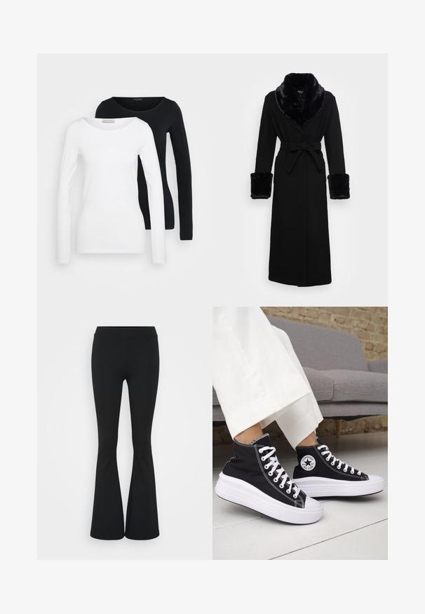 Sort kappe med krave og manchetter i faux pels, bælte i taljen, lange ærmer og lige kant. Glat tekstur, elegant design.; To lange ærmeløse kvindebluser, en hvid og en sort, med rund halsudskæring, præsenteret frontalt på en ensfarvet lys baggrund.; Sorte flagrende bukser lavet af strækbart stof, med en høj talje og en glat tekstur. Bukserne flared fra knæet.; Sorte sneakers med højt skaft, hvide gummisåler og snørebånd. Har en rund logo-patch og kontrasterende hvide syninger. Fremstillet af lærredsmateriale.