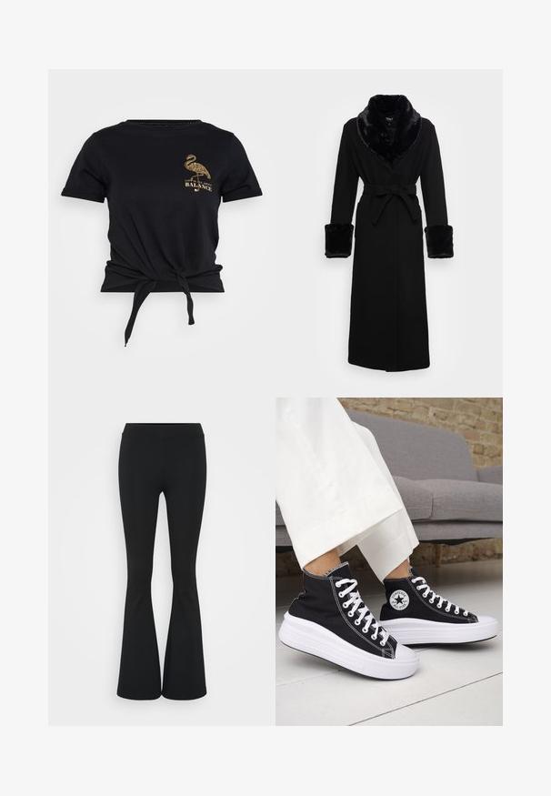 Czarna szata z kołnierzem i mankietami z futra sztucznego, z pasem w talii, długimi rękawami i prostym dołem. Gładka faktura, elegancki design.; Czarna koszulka z krótkim rękawem z węzłem z przodu, z grafiką złotego flaminga i napisem "ŻYCIE OPARTY JEST NA RÓWNOWADZE." Wykonana z bawełny.; Czarne spódnice dzwonowe wykonane z elastycznego materiału, z wysokim stanem i gładką fakturą. Spodnie rozszerzają się od kolana.; Czarne trampki typu high-top z białą gumową podeszwą i sznurówkami. Posiadają okrągłą naszywkę z logo oraz kontrastujące białe przeszycia. Wykonane z materiału płóciennego.