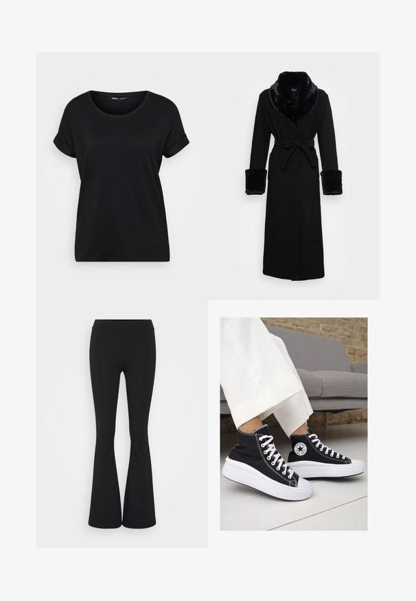 Fekete köpeny műszőrme sálgallérral és mandzsettákkal, övvel meghúzott derékkal, hosszú ujjakkal és egyenes szegéllyel. Sima textúra, elegáns dizájn.; Fekete, rövid ujjú póló, puha pamutból készült. Kerek nyakkivágással és felgöndörített ujjakkal rendelkezik, laza fazonnal. Egyszerű és sokoldalú dizájn.; Fekete harangszárú nadrág, rugalmas anyagból készült, magas derékkal és sima felülettel. A nadrág a térdtől kezdve bővül.; Fekete vászon magas szárú tornacipők fehér gumitalppal és fűzővel. Az oldalon egy kör alakú logó található, és kontrasztos fehér varrásokkal rendelkezik.