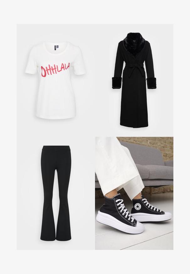 Black robe with a faux fur shawl collar and cuffs, belted waist, long sleeves, and a straight hem. Smooth texture, elegant design.; White cotton T-shirt with short sleeves, featuring glittery red text "OHHLALA" across the front in a playful cursive font.; Black flared pants made of stretchy fabric, featuring a high waistband and a smooth texture. The pants flare out from the knee.; Black high-top sneakers with white rubber soles and laces. Features a round logo patch and contrasting white stitching. Canvas material.