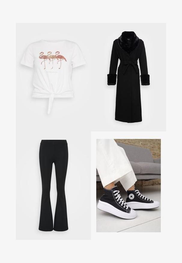 Robe noire avec un col châle en fausse fourrure et des poignets, taille ceinturée, manches longues et ourlet droit. Texture lisse, design élégant.; T-shirt blanc à manches courtes avec un nœud à la taille, présentant trois flamants roses scintillants et le texte "Flamazing" en dessous du design.; Pantalon évasé noir en tissu extensible, présentant une taille haute et une texture lisse. Le pantalon s'élargit à partir du genou.; Baskets montantes en toile noire avec semelles et lacets en caoutchouc blanc. Elles présentent un logo circulaire sur le côté et un contraste de coutures blanches.