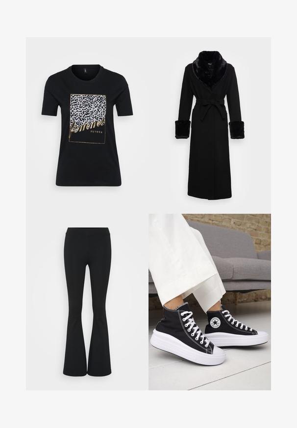 Must mustükk mustaga kunstkarusnahast kaeluse ja mansettidega, vöökoht, pikad varrukad ja sirge äärega. Sile tekstuur, elegantne disain.; Must t-särk mustas värvuses, millel on leopardi prindi disain ja kullavärvi tekst "femmes FUTURE" nelinurkse raami sees.; Mustad flared püksid venivast kangast, kõrge vöökoht ja sile tekstuur. Püksid laienevad põlve kohalt.; Mustad kõrge säärega tossud valgete kummist tallade ja paeltega. Omad ümmargust logomärki ja kontrastset valget õmblust. Materjaliks lõuend.