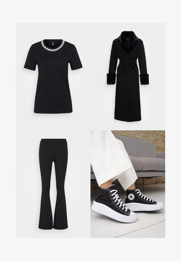 Roupa preta com um colarinho e punhos em pelagem sintética, cintura cingida, mangas longas e barra reta. Textura suave, design elegante.; T-shirt preto de manga curta com um decote decorativo de contas. Feito de um tecido macio com um corte padrão e barra redonda.; Calças pretas de corte alargado feitas de tecido elástico, com uma cintura alta e uma textura suave. As calças alargam-se a partir do joelho.; Ténis pretos de cano alto com solas e atacadores em borracha branca. Apresentam um emblema redondo e costuras contrastantes em branco. Material em lona.
