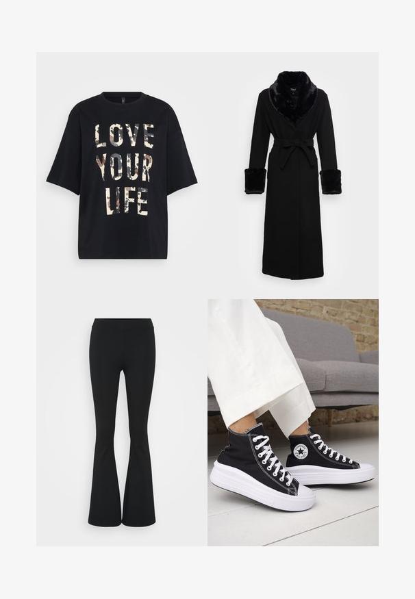 Musta viitta, jossa on tekoturkiskuosi kauluksessa ja hihansuissa, vyöllä varustettu vyötärö, pitkät hihat ja suora helma. Sileä rakenne, tyylikäs muotoilu.; Musta lyhythihainen T-paita, jossa on suuri beige ja ruskea camouflage-teksti "Rakkaus elämääsi" edessä.; Mustat leveät housut, jotka on valmistettu joustavasta kankaasta, ja joissa on korkea vyötärö sekä sileä pinta. Housut levenevät polven kohdalla.; Mustat korkeavartiset tennarit, joissa valkoiset kumipohjat ja nauhat. Koristettu pyöreällä logotarralla ja valkoisilla kontrastisaumoilla. Materiaali on canvas.