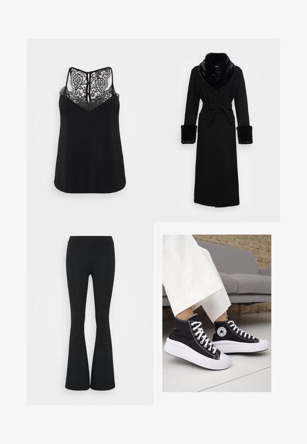 Melnā drēbe ar mākslīgā kažokāda apkakli un aprocēm, ar jostu viduklī, garām piedurknēm un taisnu apakšu. Gluda tekstūra, elegants dizains.; Melns bez piedurknēm topiņš ar mežģīņu aizmuguri, kas rotāta ar ziedu rakstiem, un V veida kakla izgriezumu. Gluda tekstūra un brīva piegrieztne.; Melnas izplešanās bikses, izgatavotas no elastīga auduma, ar augstu vidukli un gludu tekstūru. Bikses izvēršas no ceļa.; Melni kanvas augstpapēžu apavi ar baltām gumijas zolēm un auklām. Ievērojams aplis logotips sānos un kontrastējoša balta šuvums.