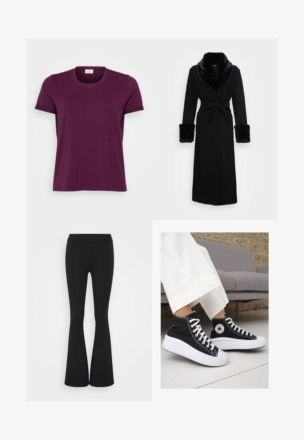 Μαύρη ρόμπα με κολάρο και μανίκια από ψεύτικη γούνα, ζωνάκι στη μέση, μακριά μανίκια και ευθεία ύφανση. Λείο υλικό, κομψός σχεδιασμός.; Κοντομάνικη μπλουζίτσα σε σκούρο βουργουνδί χρώμα, με στρογγυλή λαιμόκοψη, μαλακό βαμβακερό ύφασμα και γυρισμένα μανίκια. Απλός σχεδιασμός με κανονική γραμμή.; Μαύρο φαρδύ παντελόνι από ελαστικό ύφασμα, με ψηλή μέση και λεία υφή. Το παντελόνι ανοίγει από το γόνατο.; Μαύρα καμβά sneakers με ψηλή φτέρνα, με λευκές καουτσούκ σόλες και κορδόνια. Διαθέτουν κυκλικό λογότυπο στο πλάι και εντυπωσιακή λευκή ραφή.