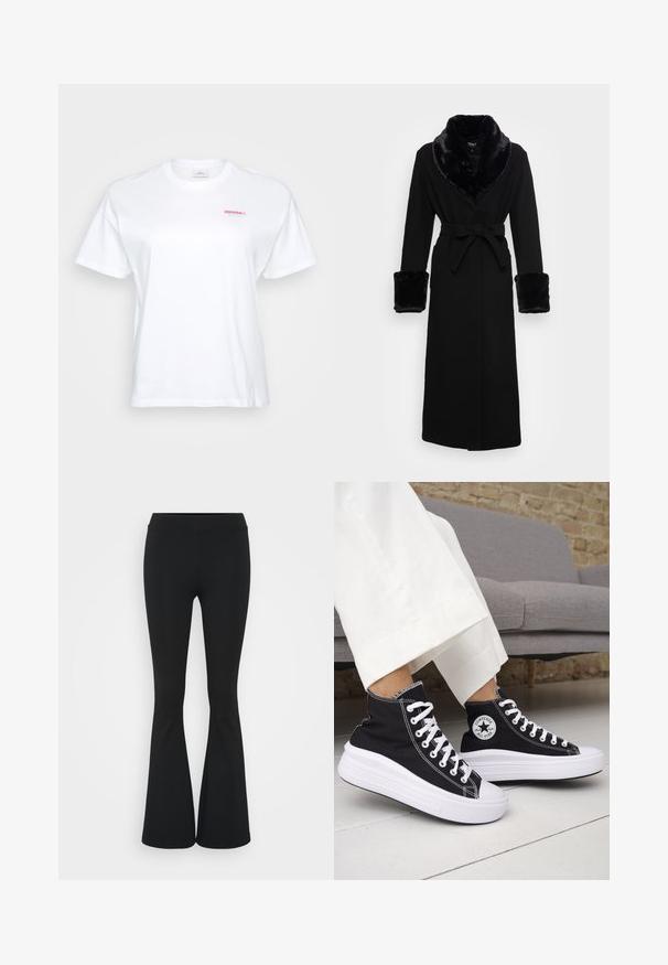 Černý plášť s límcem a manžetami z umělé kožešiny, pasem na šňůru, dlouhými rukávy a rovného spodního okraje. Hladká textura, elegantní design.; Bílá tričko s malým červeným a tyrkysovým logem "CRUSH it." umístěným na levé straně hrudi, zobrazené na neutrálním pozadí.; Černé zvonové kalhoty vyrobené z elastického materiálu, s vysokým pasem a hladkou texturou. Kalhoty se rozšiřují od kolene.; Černé vysoké tenisky s bílými gumovými podrážkami a tkaničkami. Mají kulatou nášivku s logem a kontrastní bílé prošití. Materiál plátno.