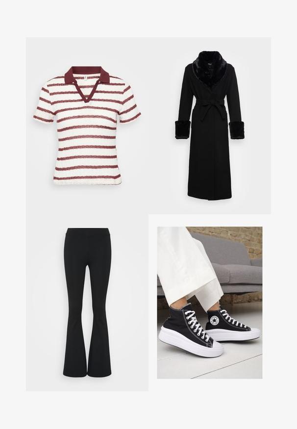 Juoda mantija su dirbtinės odos šalikėlėmis ir rankogaliais, diržo juosmeniu, ilgomis rankovėmis ir tiesiu našiu. Sklandi tekstūra, elegantiškas dizainas.; Balti ir bordo dryžuota trumpa rankovė polo marškiniai. Yra V formos iškirptė ir raštuota apykaklė. Tekstūruotas audinys su horizontaliomis juostelėmis.; Juodai platėjantys kelnių, pagamintų iš tamprių medžiagų, kurie turi aukštą juosmenį ir lygią tekstūrą. Kelnės platėja nuo kelio.; Juodi kanvasiniai aukšti sportbačiai su baltais guminiais padu ir raišteliais. Šonuose yra apskritas logotipas ir ryški balta siūlė.