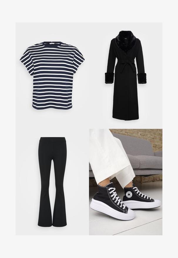 Black robe with a faux fur shawl collar and cuffs, belted waist, long sleeves, and a straight hem. Smooth texture, elegant design.; Navy and white striped T-shirt with short sleeves and a crew neckline, featuring decorative buttons on one shoulder.; Black flared pants made of stretchy fabric, featuring a high waistband and a smooth texture. The pants flare out from the knee.; Black high-top sneakers with white rubber soles and laces. Features a round logo patch and contrasting white stitching. Canvas material.