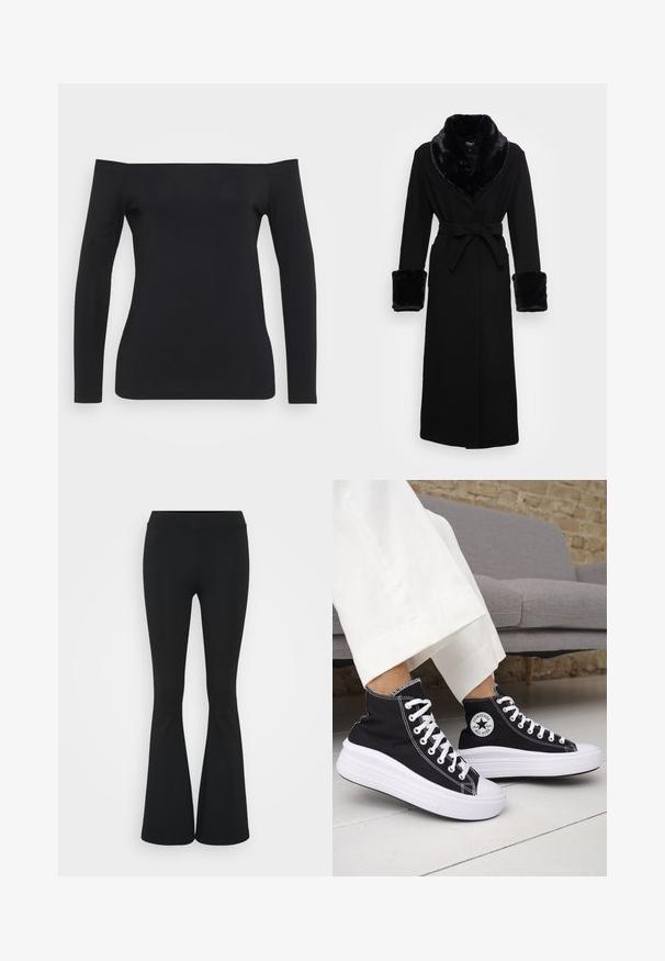 Juoda mantija su dirbtinės odos šalikėlėmis ir rankogaliais, diržo juosmeniu, ilgomis rankovėmis ir tiesiu našiu. Sklandi tekstūra, elegantiškas dizainas.; Juodas ilgomis rankovėmis viršus su nušauto pečių dizainu, pagamintas iš glotnaus, elastingo audinio, turintis prigludusią siluetą ir be matomų raštų.; Juodai platėjantys kelnių, pagamintų iš tamprių medžiagų, kurie turi aukštą juosmenį ir lygią tekstūrą. Kelnės platėja nuo kelio.; Juodi aukštakulniai sportbačiai su baltais guminiu padu ir raišteliais. Ant jų yra apvalus logotipo lopas ir kontrastingos baltos siūlės. Pagaminti iš drobės medžiagos.