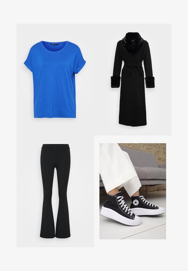 Melnā drēbe ar mākslīgā kažokāda apkakli un aprocēm, ar jostu viduklī, garām piedurknēm un taisnu apakšu. Gluda tekstūra, elegants dizains.; Zila kokvilnas T-kreklis ar apaļu kakla izgriezumu, sarullētām īsām piedurknēm un brīvu piegriezumu. Gluda tekstūra, bez rakstiem un taisna apakšmalu.; Melnas izplešanās bikses, izgatavotas no elastīga auduma, ar augstu vidukli un gludu tekstūru. Bikses izvēršas no ceļa.; Melni kanvas augstpapēžu apavi ar baltām gumijas zolēm un auklām. Ievērojams aplis logotips sānos un kontrastējoša balta šuvums.