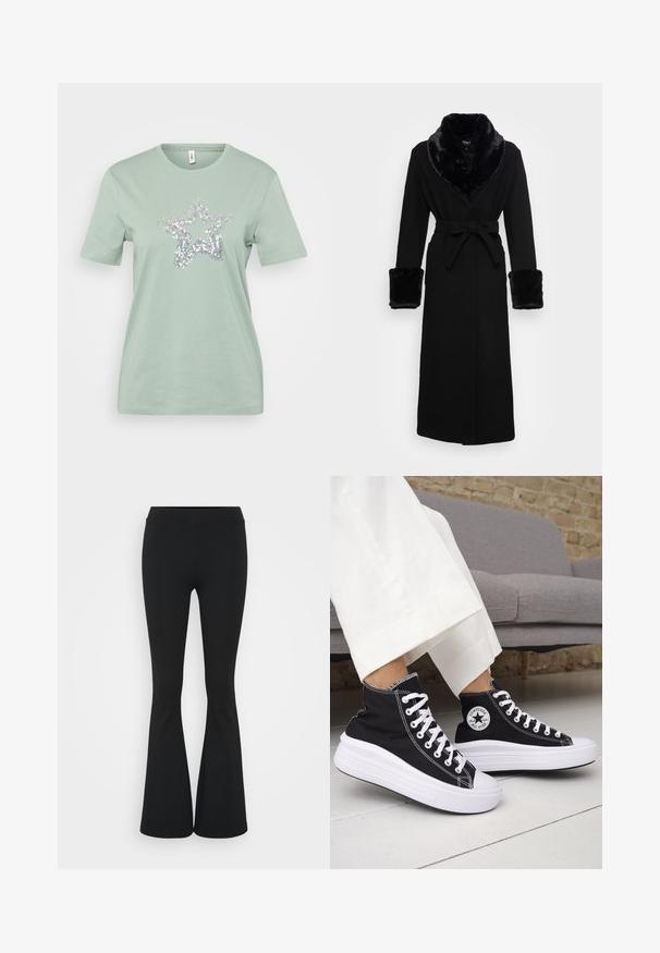 Musta viitta, jossa on tekoturkiskuosi kauluksessa ja hihansuissa, vyöllä varustettu vyötärö, pitkät hihat ja suora helma. Sileä rakenne, tyylikäs muotoilu.; Vaalean vihreä puuvillapaita lyhyillä hihoilla, jossa on keskellä hopeanvärisiä paljetteja sisältävä tähtikuvio. Sileä pinta, tavallinen pyöreä pääntie.; Mustat leveät housut, jotka on valmistettu joustavasta kankaasta, ja joissa on korkea vyötärö sekä sileä pinta. Housut levenevät polven kohdalla.; Mustat korkeavartiset tennarit, joissa valkoiset kumipohjat ja nauhat. Koristettu pyöreällä logotarralla ja valkoisilla kontrastisaumoilla. Materiaali on canvas.