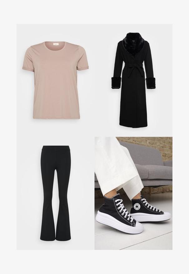 Juoda mantija su dirbtinės odos šalikėlėmis ir rankogaliais, diržo juosmeniu, ilgomis rankovėmis ir tiesiu našiu. Sklandi tekstūra, elegantiškas dizainas.; Šviesiai rožinė trumpa rankovė T-shirt su apvaliu kaklu ir sukamuomis rankovėmis, pagamintas iš lygaus, minkšto audinio. Nėra matomų raštų ar akcentų.; Juodai platėjantys kelnių, pagamintų iš tamprių medžiagų, kurie turi aukštą juosmenį ir lygią tekstūrą. Kelnės platėja nuo kelio.; Juodi aukštakulniai sportbačiai su baltais guminiu padu ir raišteliais. Ant jų yra apvalus logotipo lopas ir kontrastingos baltos siūlės. Pagaminti iš drobės medžiagos.