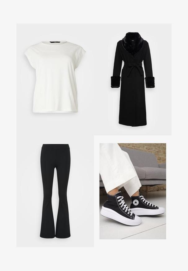 Black robe with a faux fur shawl collar and cuffs, belted waist, long sleeves, and a straight hem. Smooth texture, elegant design.; White short-sleeve t-shirt with a textured lace yoke, round neckline, and a relaxed fit. Soft cotton material with subtle detailing on shoulders.; Black flared pants made of stretchy fabric, featuring a high waistband and a smooth texture. The pants flare out from the knee.; Black canvas high-top sneakers with white rubber soles and laces. Features a circular logo on the side and contrasting white stitching.