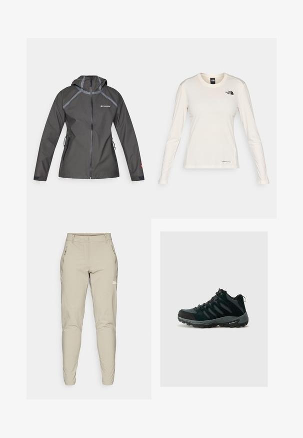 Tumši pelēkā ūdensnecaurlaidīgā jaka ar kapuci, kurai ir šuvju akcenti, rāvējslēdzēja kabatas un logo uz krūtīm. Strukturēts audums.; The North Face SHADOW LONG SLEEVE - Tops ar garām piedurknēm - white dune; Beige, pieguļoši outdoor bikses ar gludu tekstūru, ar sānu rāvējslēdzēju kabatām un nelielu logo uz augšstilba. Veidotas potīšu atveres.; Columbia REDMOND - Pārgājienu apavi - black/citron haze