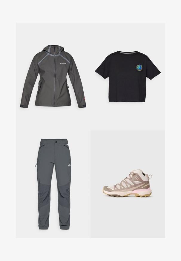 Tamsiai pilka vandeniui atspari striukė su gobtuvu, su siūlėmis akcentais, užtrauktukais kišenėse ir logotipu ant krūtinės. Tekstūruota medžiaga.; Juodas medvilnės trumpomis rankovėmis marškinėliai su apvaliu multicolor logotipu ant krūtinės. Tiesus apvadas ir laisvas pritaikymas.; Tamsiai pilkos lauko kelnės su sustiprintomis kelio kišenėmis, užtrauktukais šoninėse ir priekinėse kišenėse, mygtuko uždarymu ir The North Face logotipu ant šlaunies.; Šviesiai rožiniai vidutinio aukščio žygio batai su kvėpuojančia tinklelio viršutine dalimi, rudos spalvos akcentais, tekstūruotu padu ir sustiprintu pirštų dangteliu. Yra Salomon prekės ženklas.